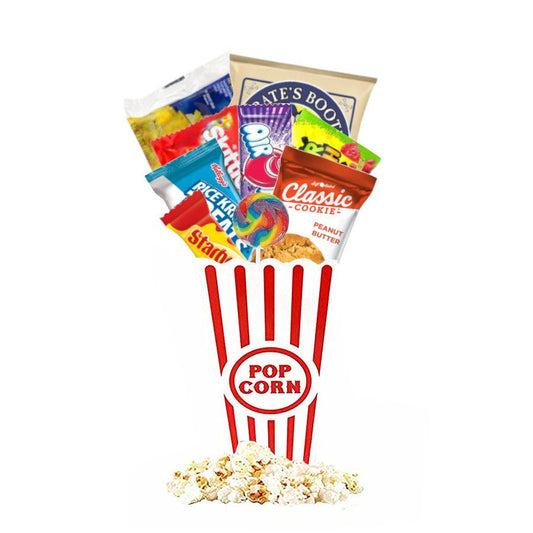 Individual Movie Night Gift Box with popcorn, candy, and snacks