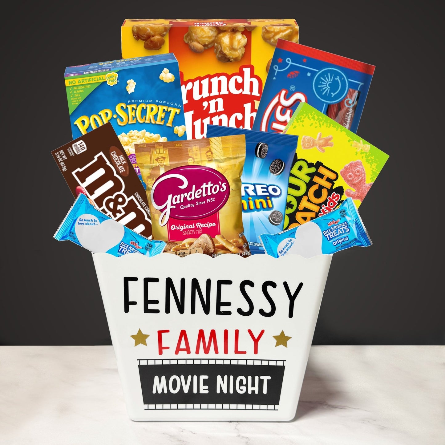 Personalized Family Movie Night Popcorn Bucket with popcorn and candy