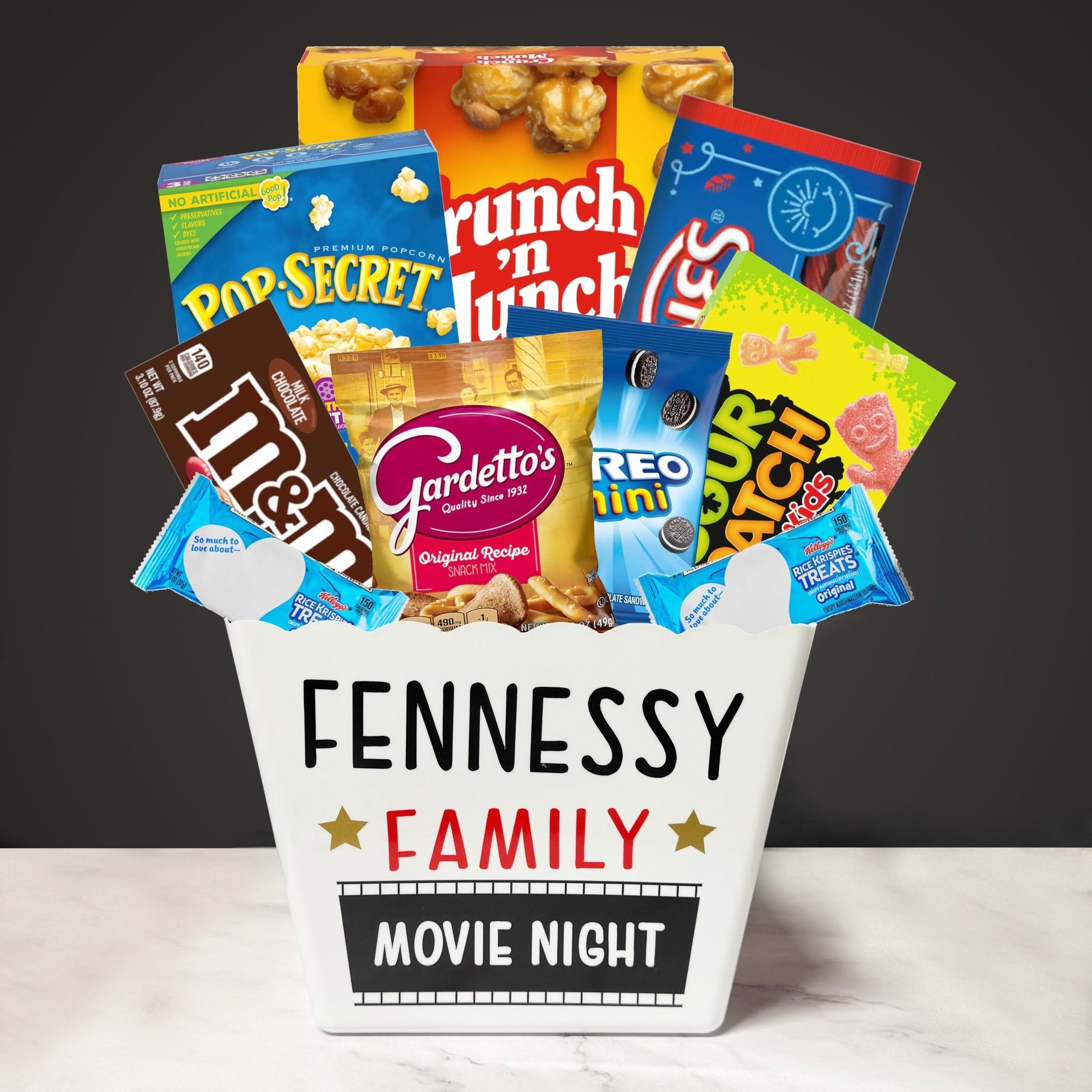 Personalized Family Movie Night Popcorn Bucket with popcorn and candy