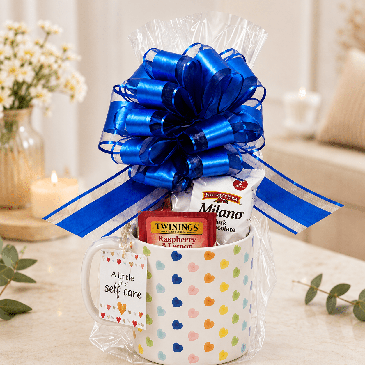 Self-Care Mug Gift Set – White Mug with Multicolored Hearts - Golden Gift Box