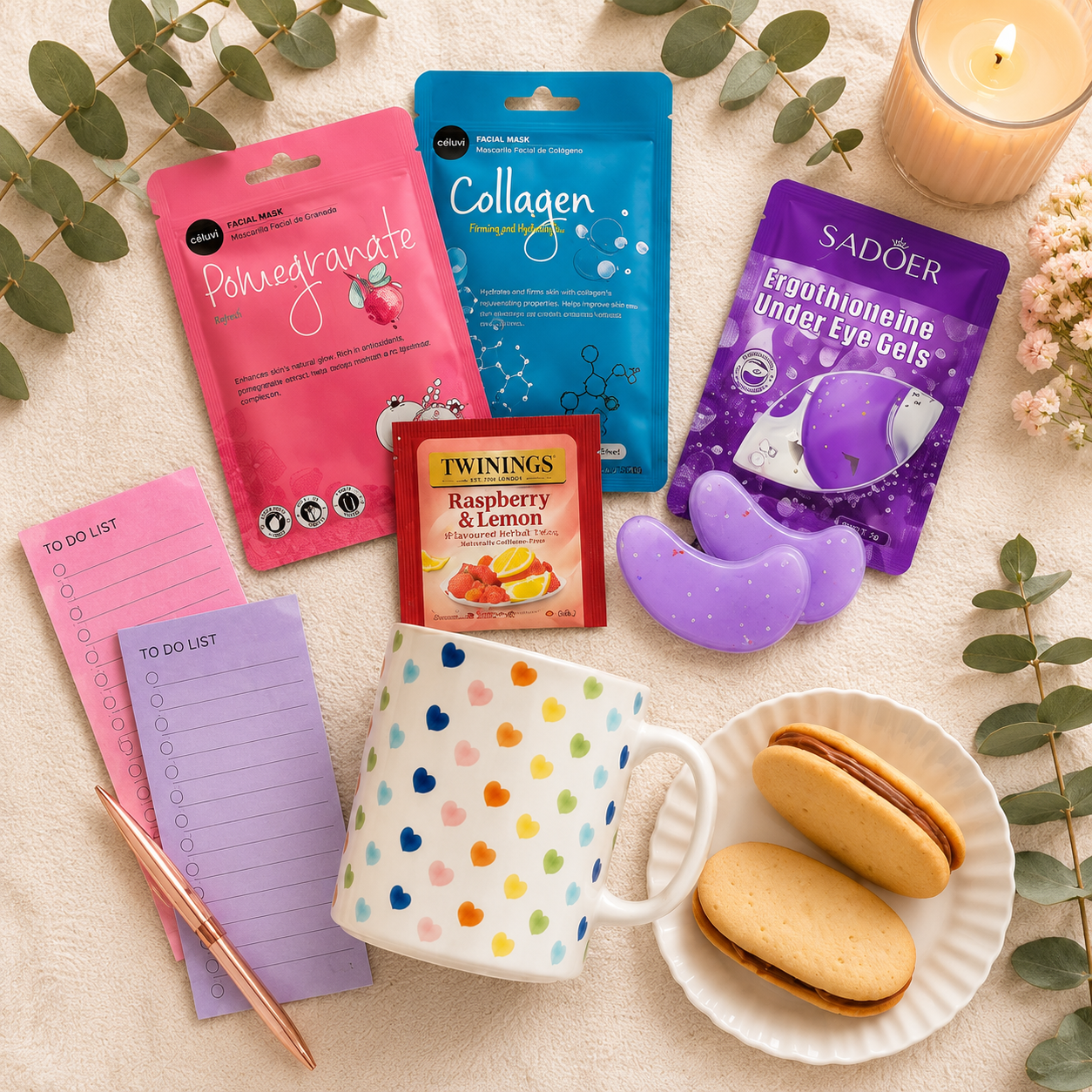 Self-Care Mug Gift Set – White Mug with Multicolored Hearts - Golden Gift Box