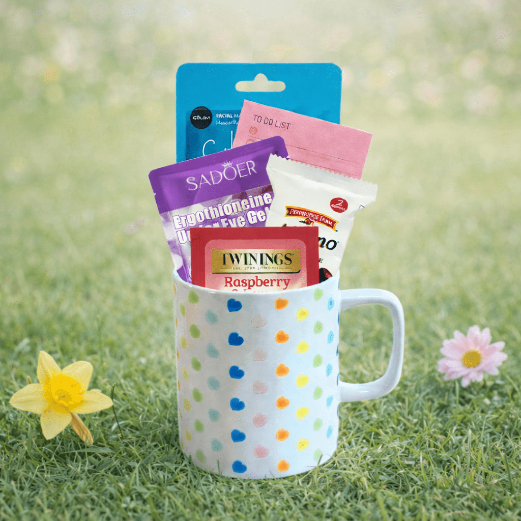 Self - Care Mug Gift Set – White Mug with Multicolored Hearts - Golden Gift Box