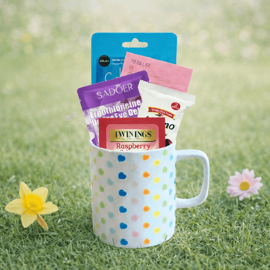 Self - Care Mug Gift Set – White Mug with Multicolored Hearts - Golden Gift Box