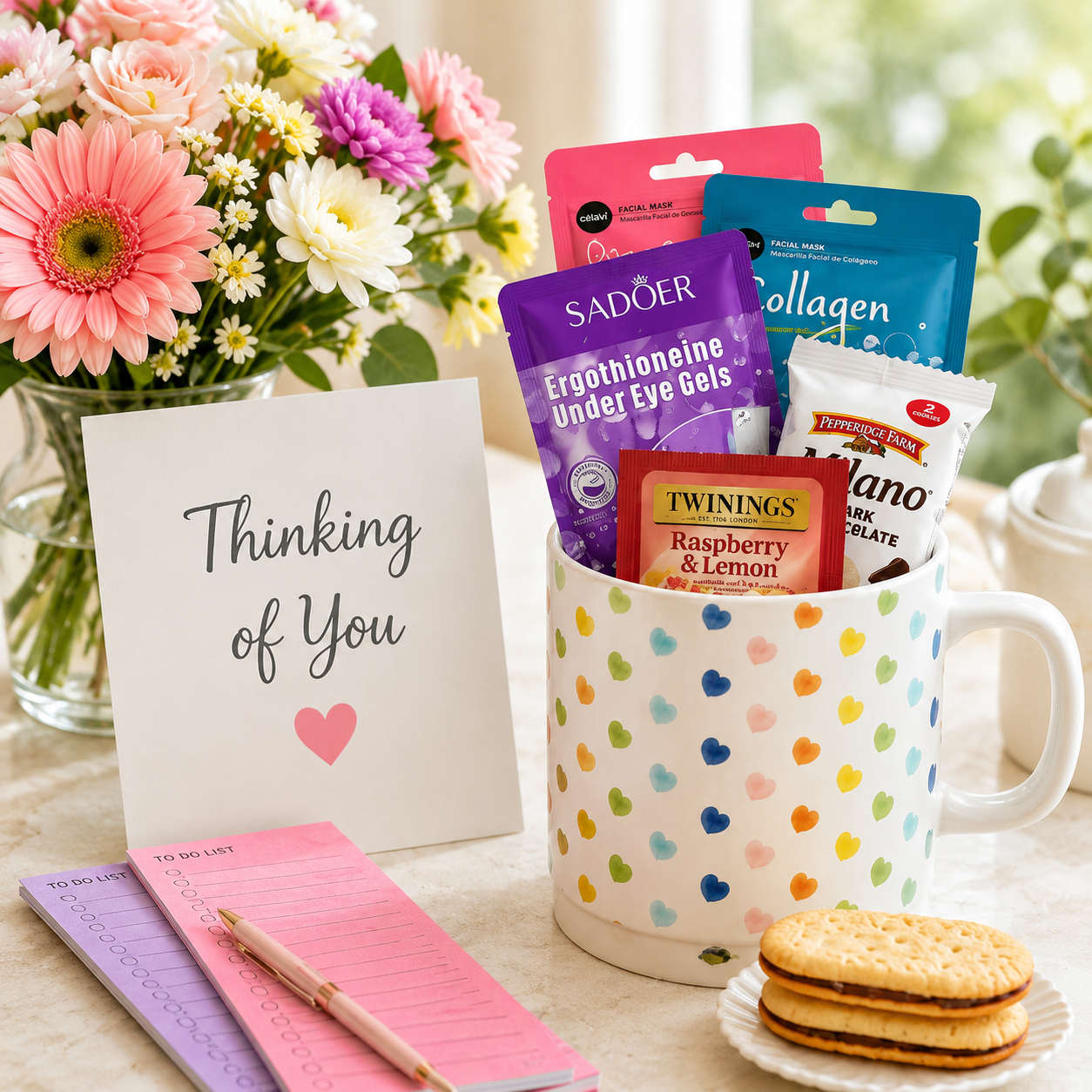 Self-Care Mug Gift Set – White Mug with Multicolored Hearts - Golden Gift Box