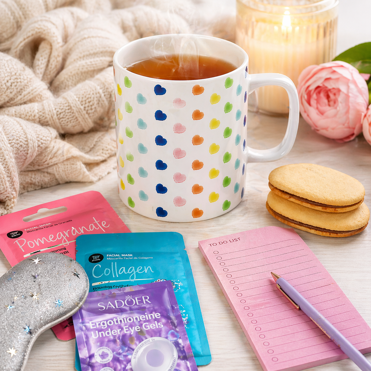 Self - Care Mug Gift Set – White Mug with Multicolored Hearts - Golden Gift Box