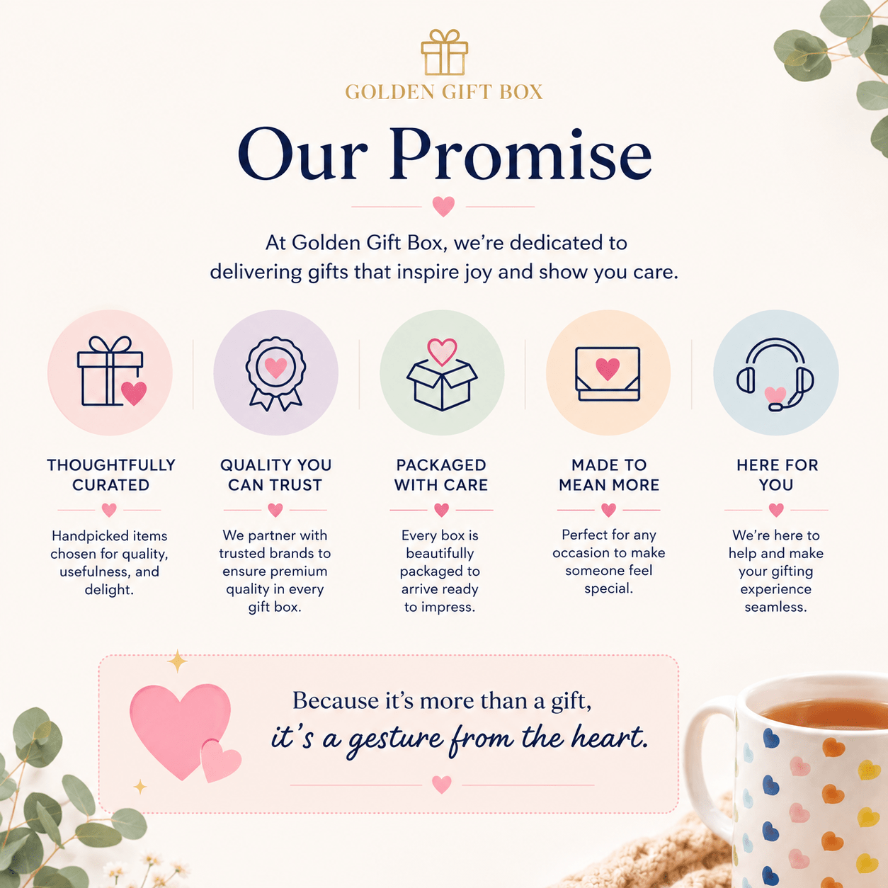 Self-Care Mug Gift Set – White Mug with Multicolored Hearts - Golden Gift Box