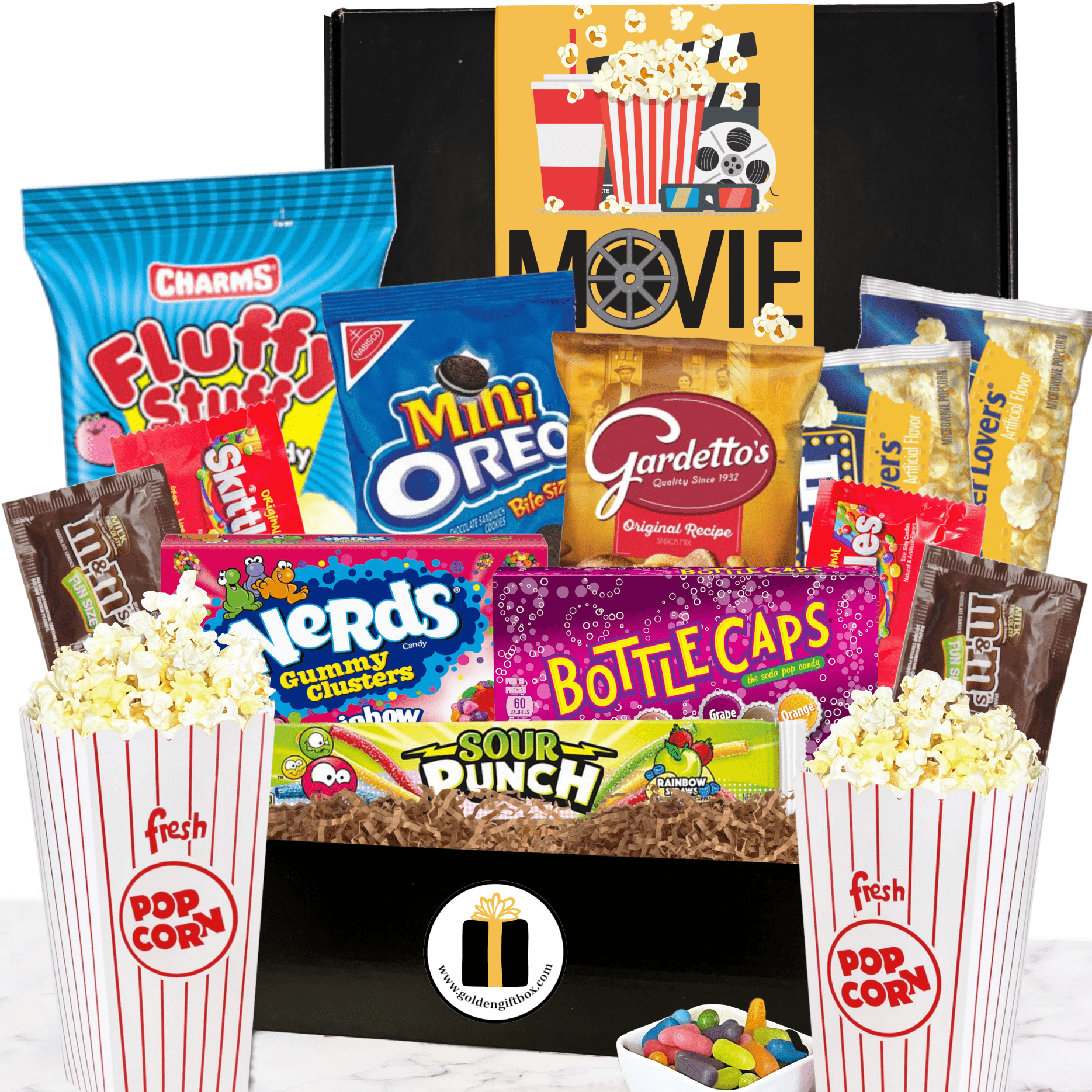 Deluxe Movie Night Gift Box with popcorn, candy, and snacks