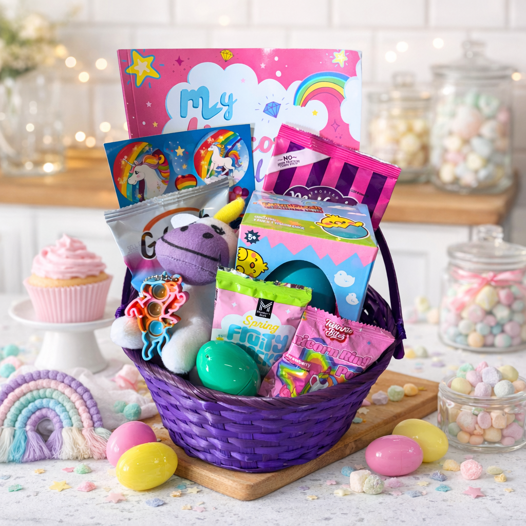 Unicorn Easter Gift Basket – Magical Unicorn Easter Basket with Toys & Treats - Golden Gift Box